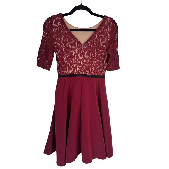 2/$30 Slate & Willow Size 4 Burgundy Lace Top Fit & Flare Mini Dress - Picture 13 of 16